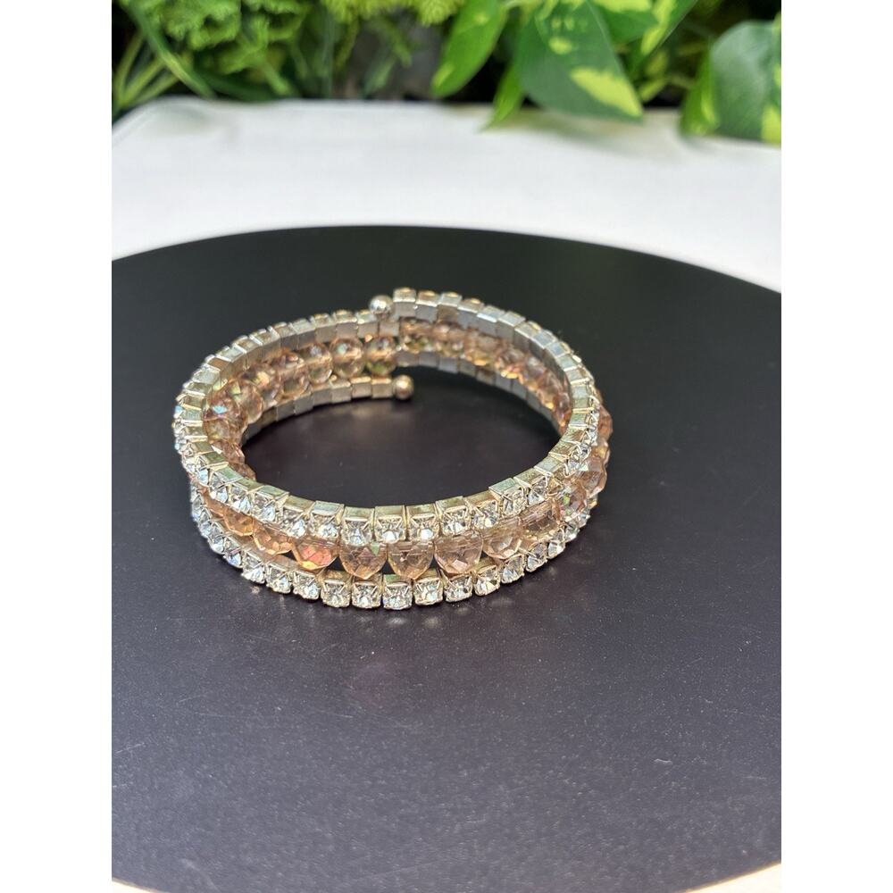 Vintage 3-Strand White And Champagne Colored Rhinestone Wrap Bracelet - Picture 3 of 7